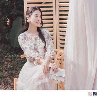 Frilled Cuff Tie-neck Floral Chiffon Top