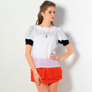 Contrast Sleeve Gingham Top White - One Size