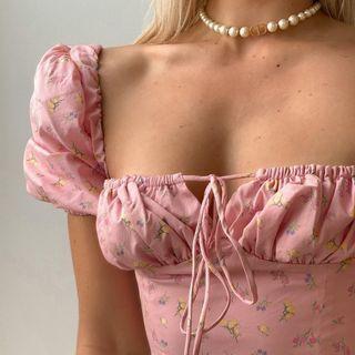 Puff-sleeve Floral Print Tie-front Crop Top