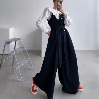 Denim Bell-button Jumpsuit With Sash Dark Blue - One Size