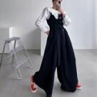 Denim Bell-button Jumpsuit With Sash Dark Blue - One Size