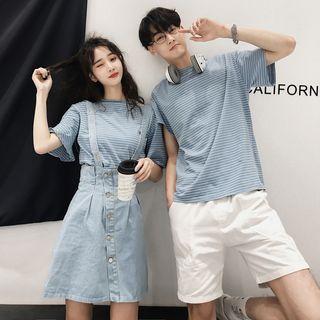 Couple Matching Striped Short-sleeve T-shirt / Denim Suspender Skirt