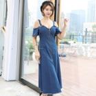 Cold-shoulder A-line Midi Denim Dress