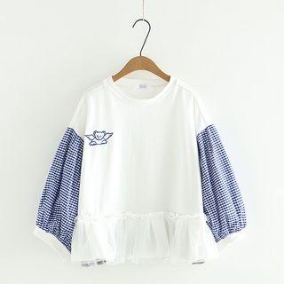 Plaid Panel Bear Print Pullover