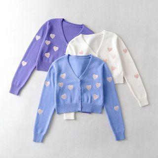 Heart Embroidered Cropped V-neck Cardigan