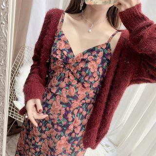 Plain Cardigan / Floral Print Spaghetti-strap Midi A-line Dres