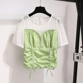 Short-sleeve Paneled Drawstring Plaid Blouse