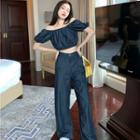 Short-sleeve Off-shoulder Cropped Blouse / High Waist Wide Leg Jeans
