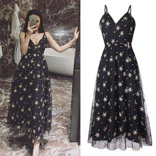 Spaghetti Strap Star Print A-line Mesh Dress