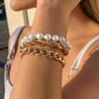 Set Of 3: Layered Faux Pearl Chain Bracelet Set Of 3 - 2697 - Gold - One Size