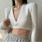 Ribbed Crop Polo Knit Top White - One Size