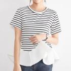 Short-sleeve Striped Panel Asymmetric T-shirt White - One Size