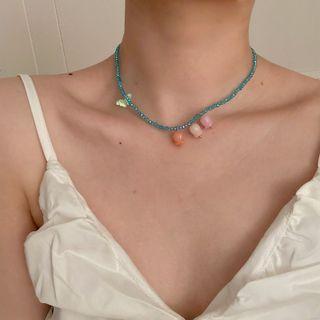 Floral Beaded Necklace Pink & Orange Flowers - Blue - One Size