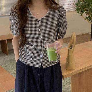 Puff Sleeve V-neck Plaid Top Black - One Size