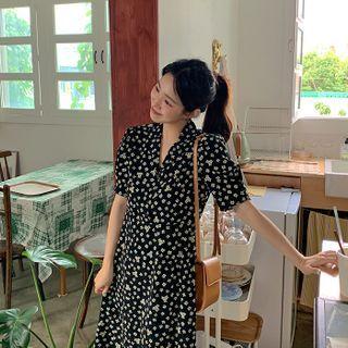 Flower Pattern Long Shirtwaist Dress Black - One Size