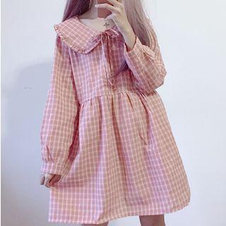Plaid Long-sleeve Peter-pan-collar Dress Pink - One Size