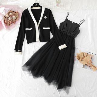 Set: Contrast Trim Cropped Cardigan + Spaghetti Strap Midi Mesh Dress