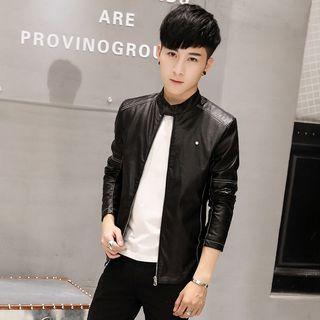Stand-collar Faux-leather Zip Jacket
