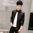 Stand-collar Faux-leather Zip Jacket