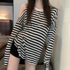 Striped Cold-shoulder Long-sleeve T-shirt As Shown In Figure - One Size