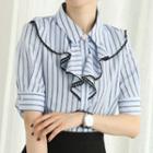 Short-sleeve Ruffle-trim Striped Shirt