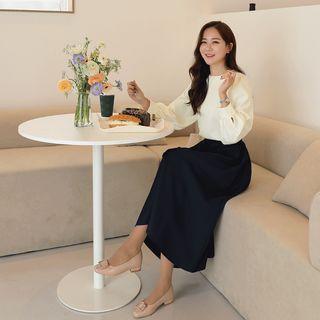 Button-front Long Flare Skirt With Sash