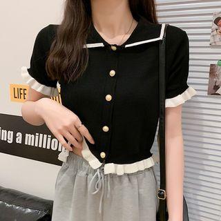 Short-sleeve Contrast Trim Collar Cropped Cardigan