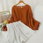 Set: Long-sleeve Top + Shorts Top - Caramel - One Size / Shorts - Light Gray - One Size