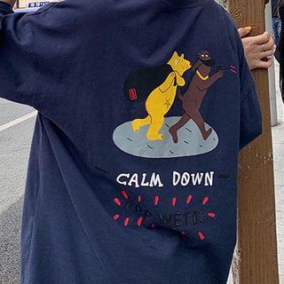Cartoon Print Short-sleeve T-shirt Blue - One Size