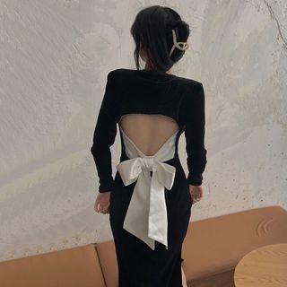Long-sleeve Back Ribbon Sheath Dress