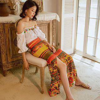 Off-shoulder Short-sleeve Crop Top / Printed Midi A-line Skirt