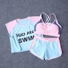 Set: Short-sleeve Rashguard + Bikini Top + Swim Shorts