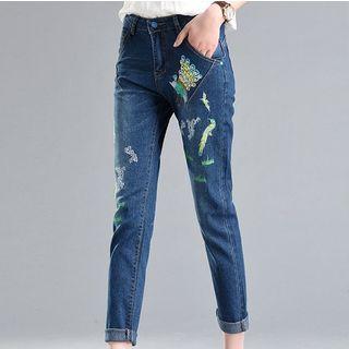 Cropped Peacock Embroidered Slim-fit Jeans