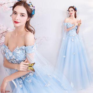 Off Shoulder Embroidered Mesh Paneled Ball Gown