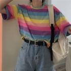 Rainbow Striped Short-sleeve T-shirt As Shown In Figure - One Size
