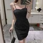 Faux Pearl Strap Houndstooth Slim Fit Dress