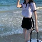 Short-sleeve Lettering Cropped Polo Shirt / Contrast Trim Shorts