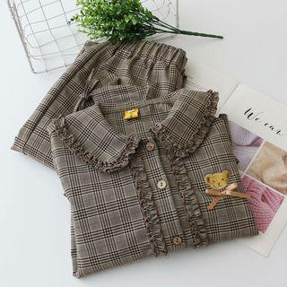 Set: Plaid Bear Embroidered Blouse + Straight-cut Pants