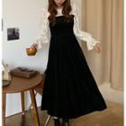 Long-sleeve Lace Panel Velvet Midi Dress As Shown In Figure - One Size