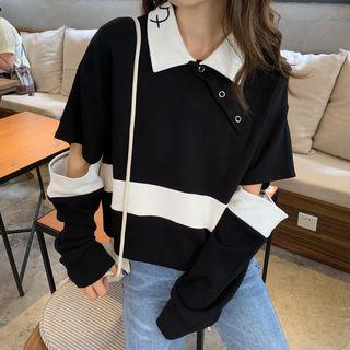 Color Block Cut-out Long-sleeve T-shirt