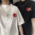 Elbow-sleeve Embroidered Frog-button Shirt