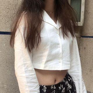 Long-sleeve Cropped Plain Blouse