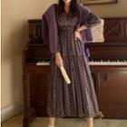 Floral Long-sleeve Midi A-line Dress Purple - One Size