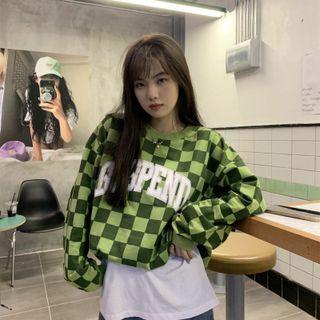 Lettering Checkerboard Pattern Sweatshirt Checkerboard - Green - One Size