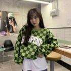 Lettering Checkerboard Pattern Sweatshirt Checkerboard - Green - One Size