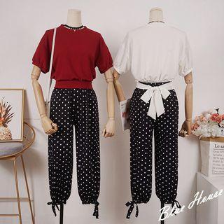 Set: Short-sleeve Tie-waist Top + Dotted Harem Pants