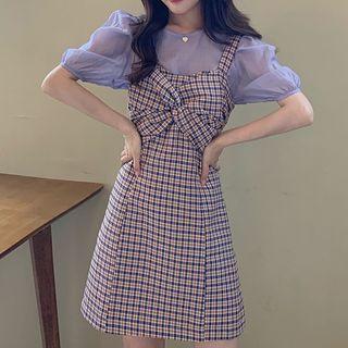 Short-sleeve Blouse / Plaid Mini A-line Pinafore Dress
