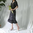 Shirred-sleeve Floral Print Midi Dress
