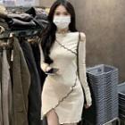 Long-sleeve Cold-shoulder Asymmetrical Hem Lettuce Edge Mini Knit Bodycon Dress Dress - Almond - One Size