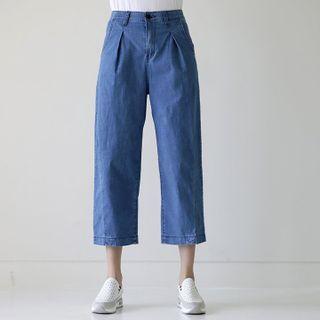 Pintuck-front Straight-cut Cropped Jeans